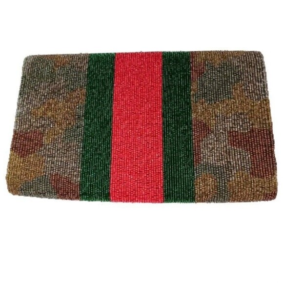 Tiana Beaded Bee Clutch Gold Red Green Stripe Camo Design  Snap Closure 10" x 6" - Picture 2 of 15